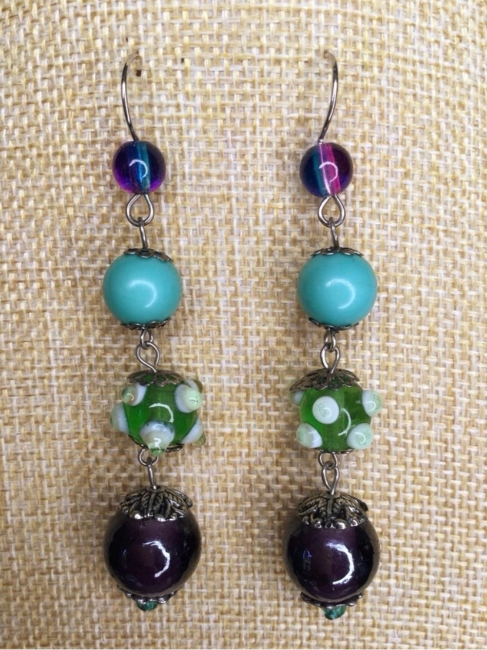 Vintage Artisan Lampwork Glass Dangle Earrings – Multicolor Boho Statement Pair - Picture 7 of 11